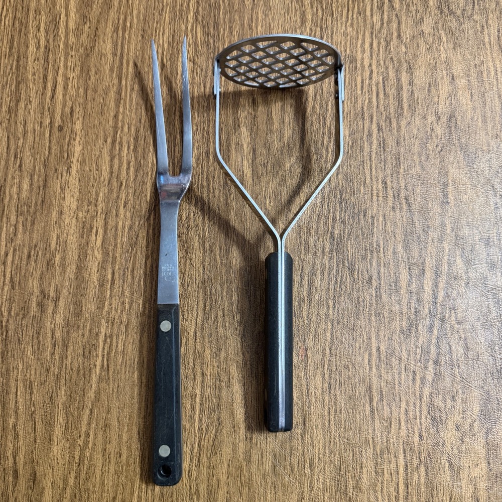 EKCO Vanadium Stainless Steel Black Handle Potato Masher Meat Fork Vintage USA